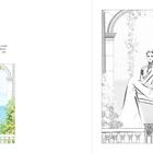 Capri ist eine malerische Insel. Illustration: Elegante Person in gelbem Kleid auf Schaukel mit Blumen, Meer im Hintergrund.