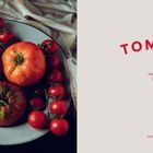 Links ein Teller mit bunten Tomaten und einem Messer, rechts roter Text "TOMATEN" und kleiner "Neue Rezepte mit der gesunden Frucht".