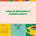 What is Chandler's middle name? Kalender: Mai 2027, Montag, 31, Spring Bank Holiday. Bunte Illustrationen.