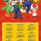 Kalender 2027, gelb mit schwarzen Zahlen. Mario-Charaktere fröhlich auf rotem Hintergrund.