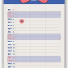 "You Are Purrfect", Januar-Kalender mit cartoonhaftem Katzenkopf. Tage in Blau und Rot; Blumen-Icons an manchen Tagen.