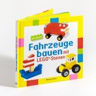 "Stein für Stein zum Lieblingsfahrzeug. Baue mit LEGO®-Steinen 26 Fahrzeuge. Enthält Anleitungsfotos." Ein rotes Auto und ein gelbes Flugzeug aus LEGO-Steinen.