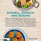 "Schnell, einfach und gesund" in großer Schrift. Beschreibung eines Buchs über vegane Gerichte mit nur 4 Zutaten. Zwei Teller mit Essen.