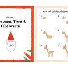 Links: "Kapitel 1: Personen, Tiere & Fabelwesen" mit Zeichnung eines Gesichtes mit Weihnachtsmütze. Rechts: Schritte zum Zeichnen eines Rehs mit Weihnachtsmütze.