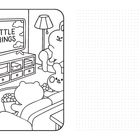 "LITTLE THINGS" auf einem Fernseher. Illustration mit Tieren auf Sofas, Popcorn, Lampe und Regal vor dem TV.