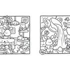 Links: Katzen in einem Café mit Kuchen und Teeservice. Rechts: Ein Hase neben einem Wasserfall und einer Teekanne.