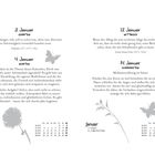 3. Januar, Sonntag: "Wer neu anfangen will...". 4. Januar, Montag: Achtsamkeitstext. 13. Januar, Mittwoch: Rainer Maria Rilke Zitat. 14. Januar, Donnerstag: Meditationsübung. Enthält Kalenderelemente mit Blumen- und Schmetterlingsabbildungen.