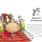 Eine Illustration zeigt vier Figuren auf einer Treppe, eine trägt ein auffälliges orangefarbenes Kleid. Links beginnt ein Märchentext.
