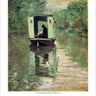 Eine Illustration eines Mannes in einem Boot auf einem Fluss, umgeben von üppiger grüner Vegetation.