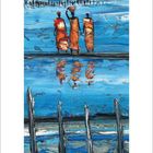 Kalendarium für Januar 2024; drei bunte Figuren am Strand und reflektierendes Wasser, vertikale Holzpfähle.