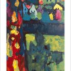 Kalenderseite mit Datum im Januar 2017; abstraktes Gemälde mit intensiv bunten Farben und Formen, zeigt ein Dorf und Kirche.