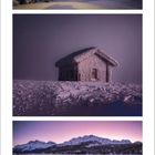 Januar 2021. Verschneite Bäume, vereiste Hütte, gefrorener See mit Luftblasen unter rosa-violettem Himmel.