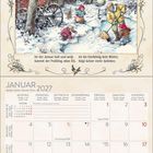 Kalender: Januar 2027. Gedicht über den Januar. Illustration: Menschen spielen im Schnee bei einem roten Backsteingebäude.