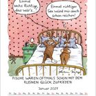 Zwei Hasen im Bett; einer denkt an Lotto, der andere an Sex. Text über Zufriedenheit. Januar 2027 Kalender.