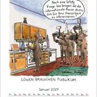 Ein Löwe kocht, umgeben von Reportern. Text: "LÖWEN BRAUCHEN PUBLIKUM." Frage: Hausarbeit und internationale Presse. Januar 2027.