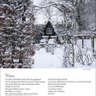 Januar 20-27, Winter: Gedicht von Arno Holz über Frühling und Winter. Eine Schneelandschaft mit Hütte und Gartenstühlen.
