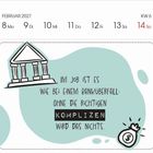 Februar 2027, KW 6. "Im Job ist es wie bei einem Banküberfall: Ohne die richtigen Komplizen wird das nichts." Illustrationen von einem Bankgebäude und einem Geldsack mit Dollarzeichen.