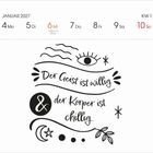 Text: "Der Geist ist willig & der Körper ist chillig." Kalender: Januar 2027, Woche 1. Illustrationen: Auge, Mond, Blätter.