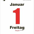 "Januar 1, Freitag, Neujahr. 53. Woche." Rotes Datum auf weißem Hintergrund, mit kleinem schwarzen Kreissymbol oben links.