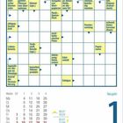 Kreuzworträtsel mit Fragen wie „biblischer Stammvater“ und „Treibstoff, Benzin (ugs.)“. Unten: Kalender für Januar. Freitag, 1. Januar, Neujahr.