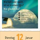"Wie kalt oder warm ist es in einem Iglu? Was glaubst du?" Optionen a) -10°C, b) 0°C, c) 15°C, d) gleich wie außen. Datum: 12. Januar.