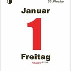 Januar 1, Freitag. Neujahr. 53. Woche. Oben links eine kleine Mondphase. Schlichtes Kalenderblatt.