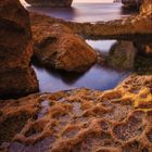 Eine Steinbrücke über ruhigem Wasser bei Sonnenuntergang, mit Kalender für Januar 2017 darunter.
