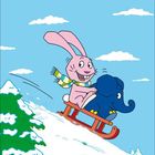 1 2 3 4 5 6 7 8 9 10 11 12 13 14 15 16 17 18 19 20 21 22 23 24 25 26 27 28 29 30 31.
Illustration: Ein pinker Hase und blauer Elefant rodeln fröhlich.