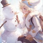 Kalender unten mit Zahlen von 1 bis 31. Ein Kind in Winterkleidung berührt fröhlich einen Schneemann.