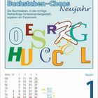 „Buchstaben-Chaos“ und „Neujahr“. Ein Kalenderblatt mit bunten Buchstaben. Freitag, 1. Januar. Silhouetten von Feuerwerkskörpern.