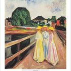 "Edvard Munch (1863-1944) | Mädchen auf der Brücke, 1901" zeigt drei Frauen in hellen Kleidern und Hüten auf einer Brücke.