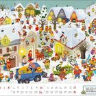 Text unten: "Suche Wimbo, das kleine Wildschwein. Er hat sich 10x im Bild versteckt."  
  
Eine winterliche Illustration mit vielen Tieren und Häusern.