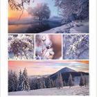 Kalender mit Januar-Monat unten. Winterlandschaften zeigen schneebedeckte Bäume, gefrorene Pflanzen und Berge bei Sonnenuntergang.