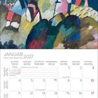 "JANUAR 2027" und Wochentage in mehreren Sprachen. Illustration von Berglandschaft mit Häusern in kräftigen Farben.