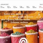 Kalenderseite: Januar 2027, Woche 2. Zitat: "Lasst uns immer in den großen Traum des Lebens kleine bunte Träume weben." Darunter gefüllte bunte Säcke.