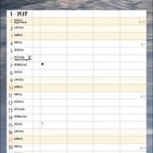 Kalender für Januar 2027. Tagesnamen und Daten aufgelistet. Oben schneebedeckte Bäume und Bänke bei Sonnenuntergang.