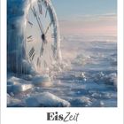 Text: "EisZeit", Dezember 2026/Januar 2027. Ein gefrorenes Uhrzifferblatt in einer eisigen Landschaft.