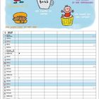 "AUCH IN DIESEM JAHR IST UNSERE FAMILIE" oben. Figuren mit Bezeichnungen wie "BOSS" auf einer Tasse; Kalender unten.