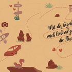 „Mit dir begebe ich mich liebend gern auf die Flucht.“ Illustration mit Route, Diner, Motels und Naturmotiven.