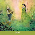 Mai. Montag bis Sonntag, darunter die Kalendertage. Illustration: Frau in grünem Kleid und älterer Mann im Wald.