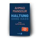 Text: "AHMAD MANSOUR", "HALTUNG OHNE HASS", "Eine Aufforderung", "SPIEGEL Bestseller-Autor". Dunkelblaues Cover.