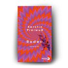 "Kerstin Preiwuß, Rodeo, Gedicht", spiralförmig-buntes Muster, zeigt ein Pferd im Sprung.