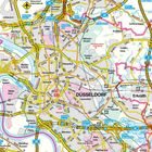 Düsseldorf, zentral gelegen. Straßen und Orte wie Altstadt und Flughafen. Rhein im Westen, Autobahnen im Blau.
