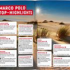 "MARCO POLO TOP-HIGHLIGHTS." Textboxen beschreiben Reiseziele. Hintergrund: sonnige Dünenlandschaft.