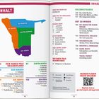 "Inhalt" oben und in der Mitte mit Namibias Karte in bunten Farben. Themen: Urlaub, Erlebnistouren, Essen, Wissen. QR-Code rechts unten.