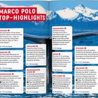 "MARCO POLO TOP-HIGHLIGHTS" in großen, weißen Buchstaben auf rotem Hintergrund. Unterteilung: Svolvær, Kabelvåg, Henningsvær, Trollfjord, Wikingermuseum Lofotr, Hauklandstrand, Nusfjord, Nykund, Reine & Hamnøy, Walsafari. Links Textkästen mit Standort, Beschreibung und Seitenverweis. Hintergrund zeigt Berge und Meer.