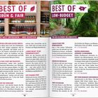 „BEST OF GRÜN & FAIR“ und „BEST OF LOW-BUDGET“. Texte über nachhaltigen Konsum und günstige Erlebnisse. Links Weinregal, rechts Wald.