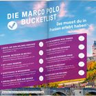 "Die Marco Polo Bucketlist" steht vor einem blauen Himmel mit Burg; 10 Abenteuer in Franken aufgelistet, darunter "Wipfel auf dem Holzweg erreichen".