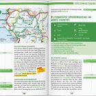 "MARCO POLO TOP-HIGHLIGHTS" in weiß auf rotem Hintergrund. Reiseziele mit Beschreibungen: Newcastle, Cambridge, Stonehenge.