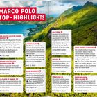 "Marco Polo Top-Highlights" zeigt farbenfrohe Orte und Strände auf den Seychellen, umgeben von üppiger grüner Landschaft und Meer.